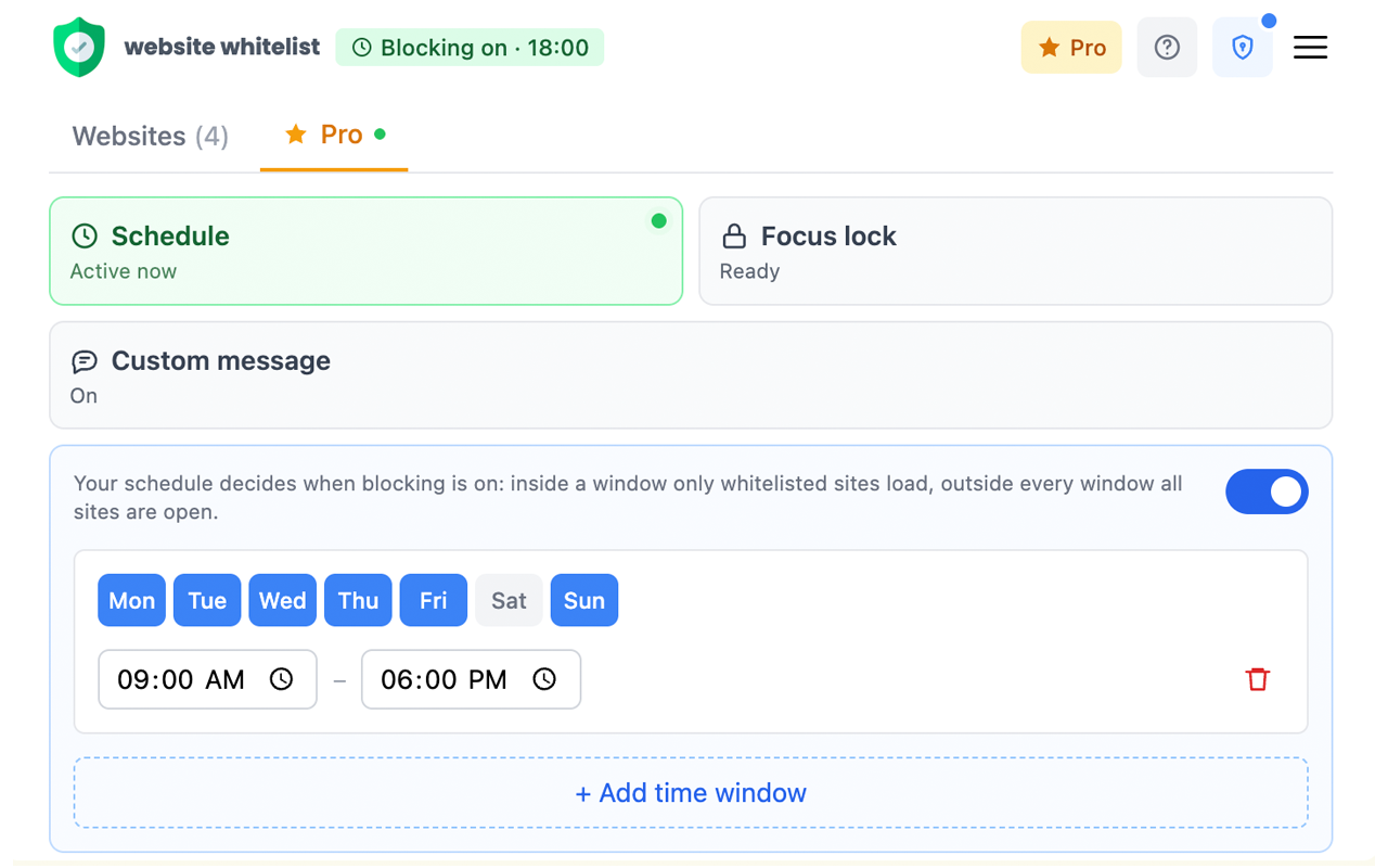 Website Whitelist Pro tab showing Schedule, Focus lock, and Custom message